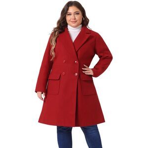 Plus Size Long Notch Lapel Double Breasted Pea Trench Coat Dark Red